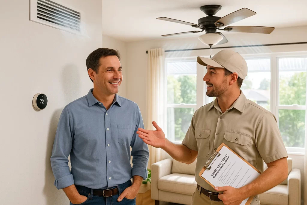 Homeowner reviewing summer energy-saving tips with HVAC technician in Redding living room.